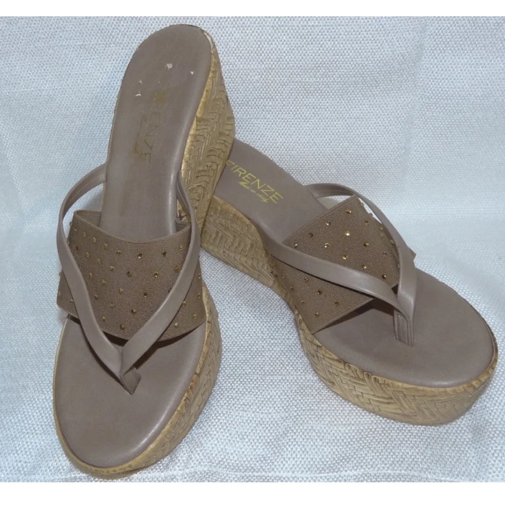 Firenze Sandals Eurosuole size 9 Wedge Elastic Rhinestone Strap Olive Beige